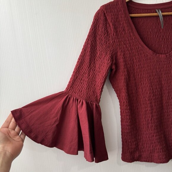 Anthropologie Smocked Bell Sleeve Top Shirt Blouse Wine Red Burgundy Sz Small - Picture 6 of 15